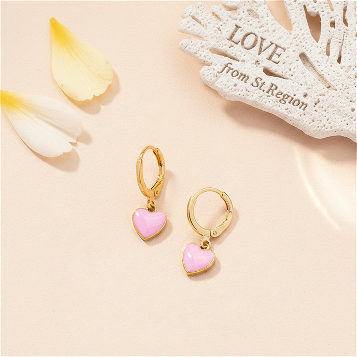 Pink Enamel and 18K Gold-Plated Heart Drop Earrings, gold huggie earrings, elegant gift for her, lifestyle look