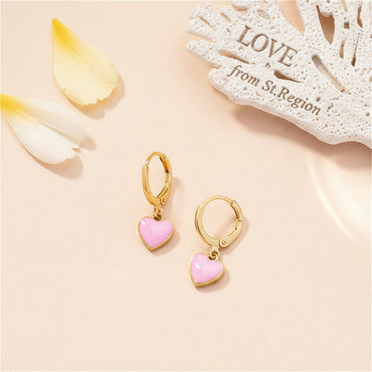 Pink Enamel and 18K Gold-Plated Heart Drop Earrings, gold huggie earrings, elegant gift for her, lifestyle look