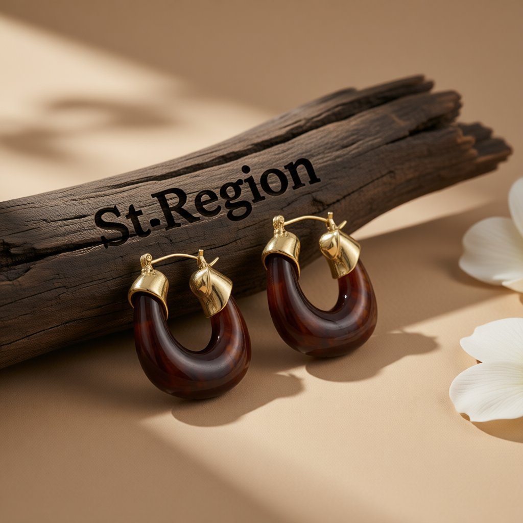 Amber Resin and 18K Gold-Plated U-Shape Huggie Earring, gold huggie earrings, botanical inspired, front view