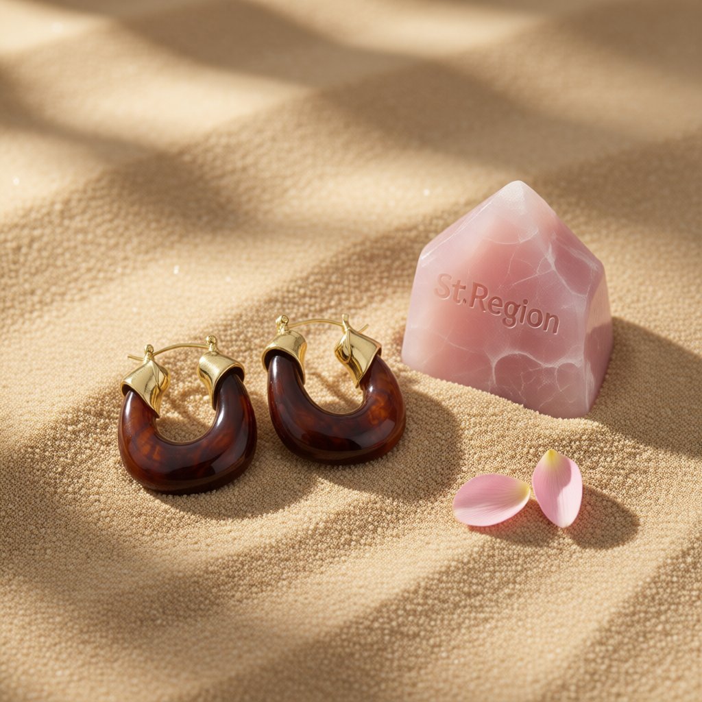 Amber Resin and 18K Gold-Plated U-Shape Huggie Earring, gold huggie earrings, botanical inspired, detail close-up