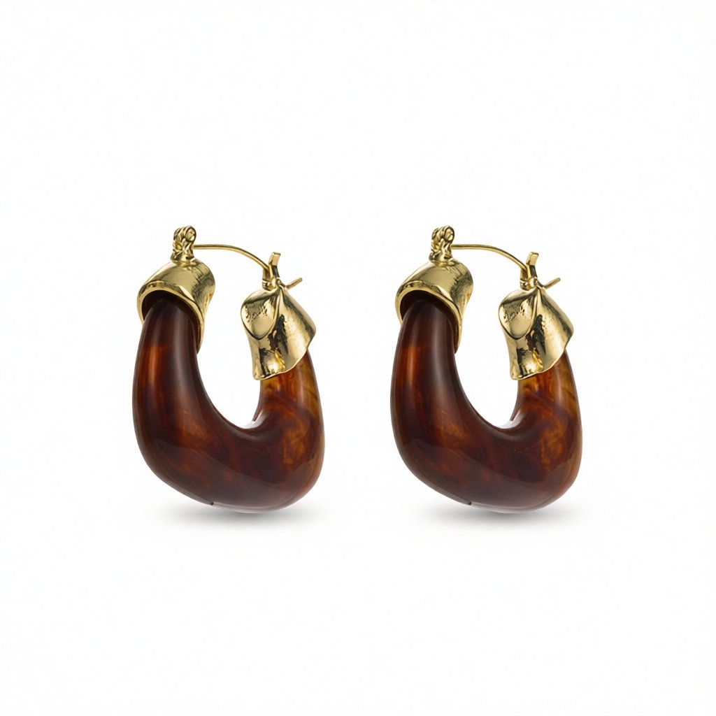 Amber Resin and 18K Gold-Plated U-Shape Huggie Earring, gold huggie earrings, botanical inspired, side view