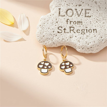 Brown and White Mushroom Huggie Earrings, huggie earrings, vintage-inspired design, lifestyle look