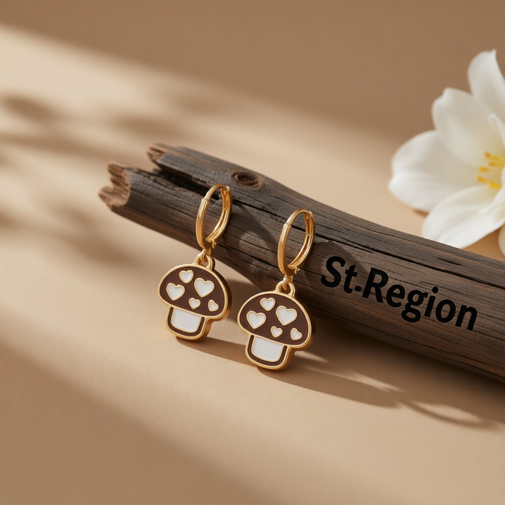 Brown and White Mushroom Huggie Earrings, huggie earrings, vintage-inspired design, front view