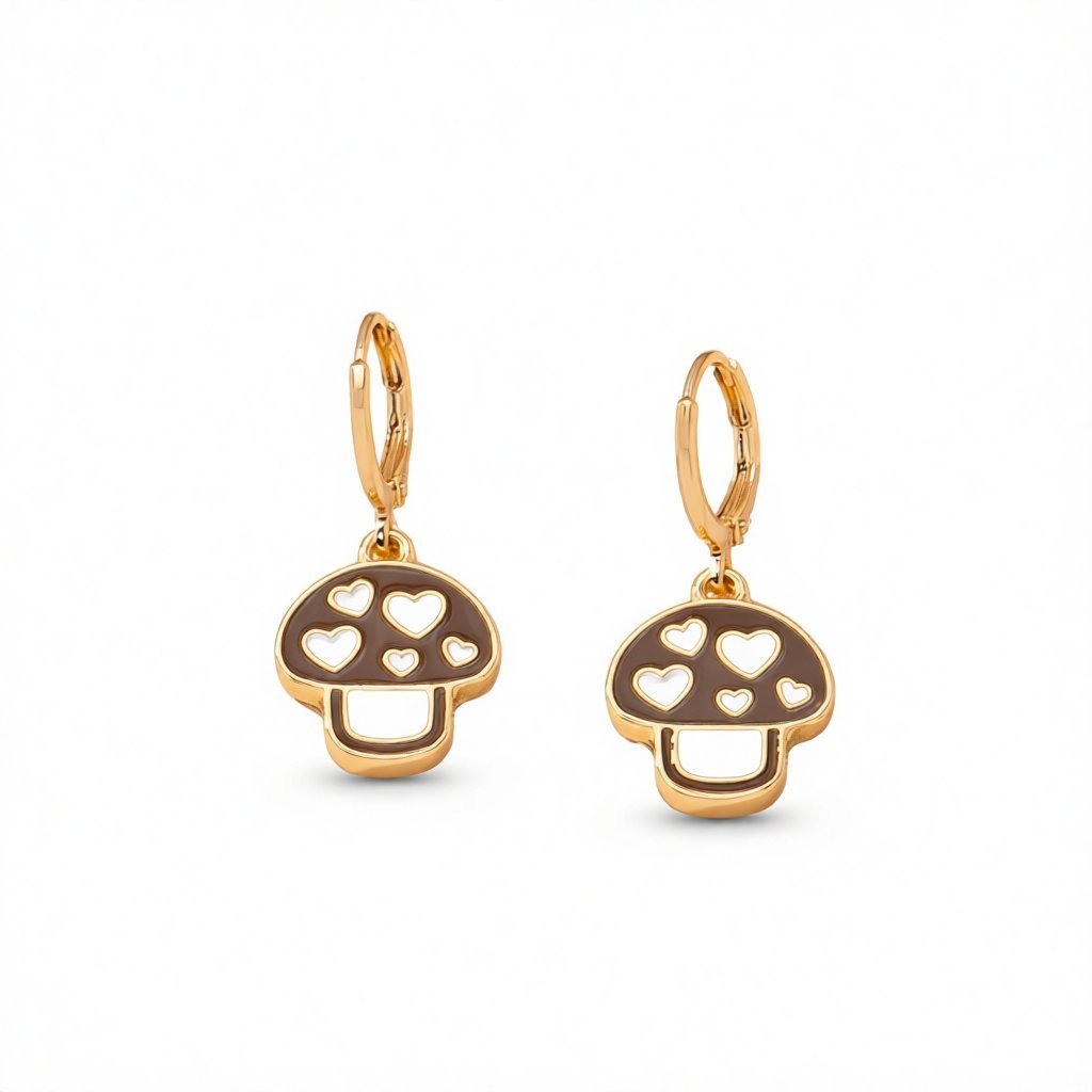Brown and White Mushroom Huggie Earrings, huggie earrings, vintage-inspired design, side view