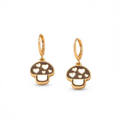 Brown and White Mushroom Huggie Earrings, huggie earrings, vintage-inspired design, side view