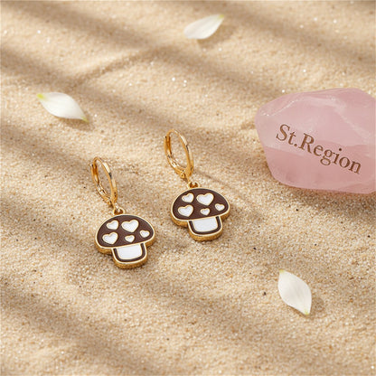 Brown and White Mushroom Huggie Earrings, huggie earrings, vintage-inspired design, detail close-up
