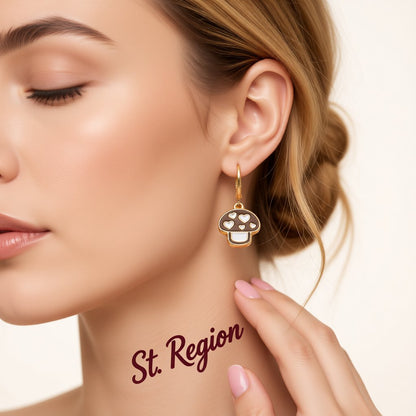 Brown and White Mushroom Huggie Earrings, huggie earrings, vintage-inspired design, styled look
