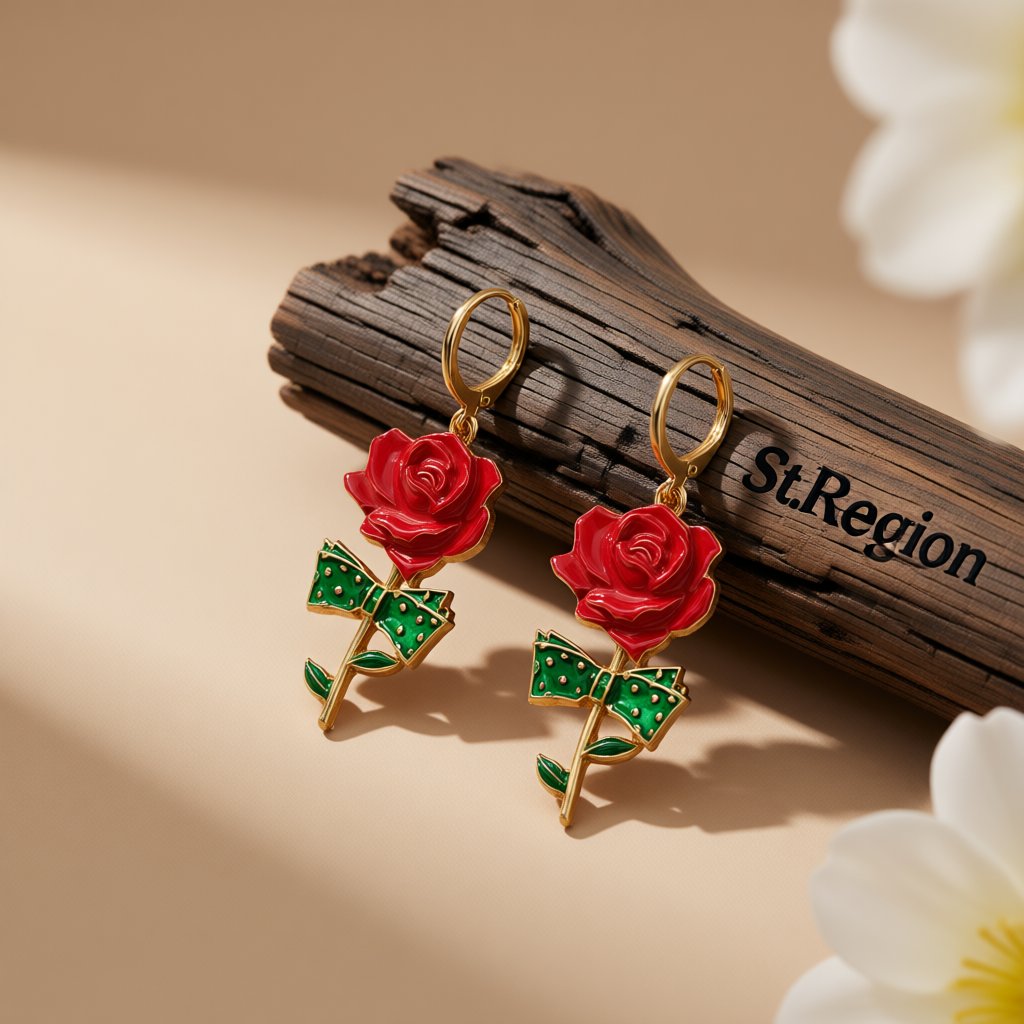 Red Enamel and 18K Gold-Plated Rose Drop Earrings, gold huggie earrings, everyday style, front view