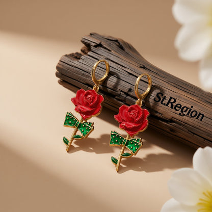 Red Enamel and 18K Gold-Plated Rose Drop Earrings, gold huggie earrings, everyday style, front view