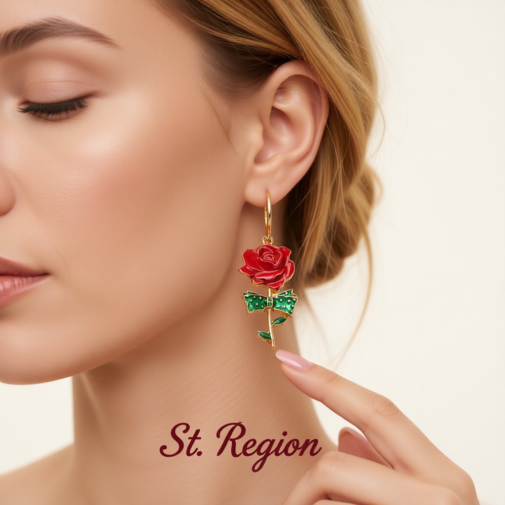 Red Enamel and 18K Gold-Plated Rose Drop Earrings, gold huggie earrings, everyday style, styled look