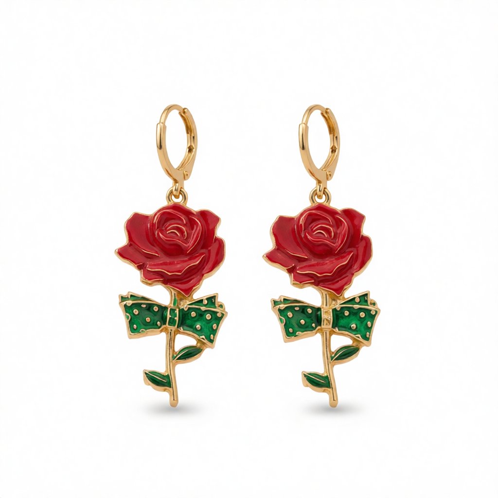 Red Enamel and 18K Gold-Plated Rose Drop Earrings, gold huggie earrings, everyday style, side view