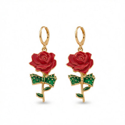 Red Enamel and 18K Gold-Plated Rose Drop Earrings, gold huggie earrings, everyday style, side view