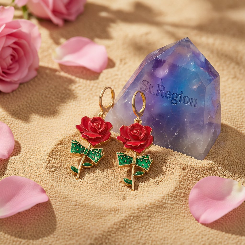 Red Enamel and 18K Gold-Plated Rose Drop Earrings, gold huggie earrings, everyday style, detail close-up