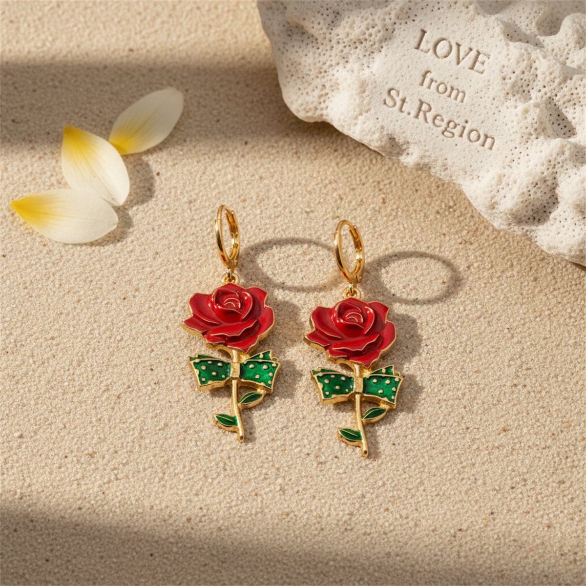 Red Enamel and 18K Gold-Plated Rose Drop Earrings, gold huggie earrings, everyday style, lifestyle look