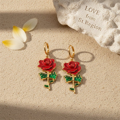 Red Enamel and 18K Gold-Plated Rose Drop Earrings, gold huggie earrings, everyday style, lifestyle look