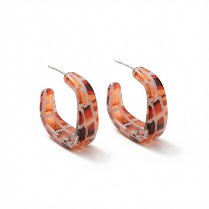 Red Acrylic and Silver-Plated Mosaic Square Huggie Earring, silver huggie earrings, everyday style, side view