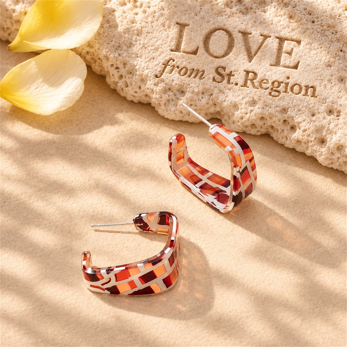 Red Acrylic and Silver-Plated Mosaic Square Huggie Earring, silver huggie earrings, everyday style, lifestyle look