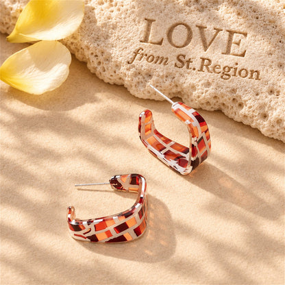 Red Acrylic and Silver-Plated Mosaic Square Huggie Earring, silver huggie earrings, everyday style, lifestyle look
