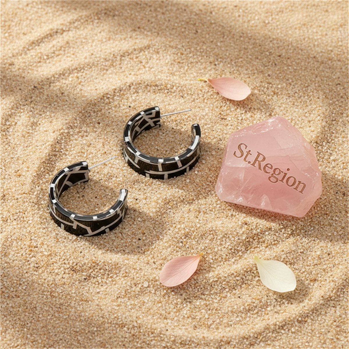 Black Acrylic and Silver-Plated Mosaic Huggie Earring, silver huggie earrings, dainty minimalist design, detail close-up