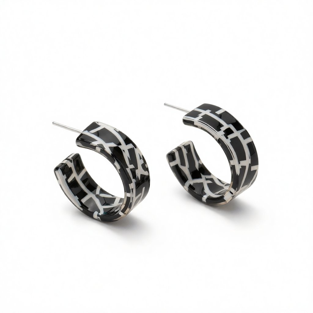 Black Acrylic and Silver-Plated Mosaic Huggie Earring, silver huggie earrings, dainty minimalist design, side view
