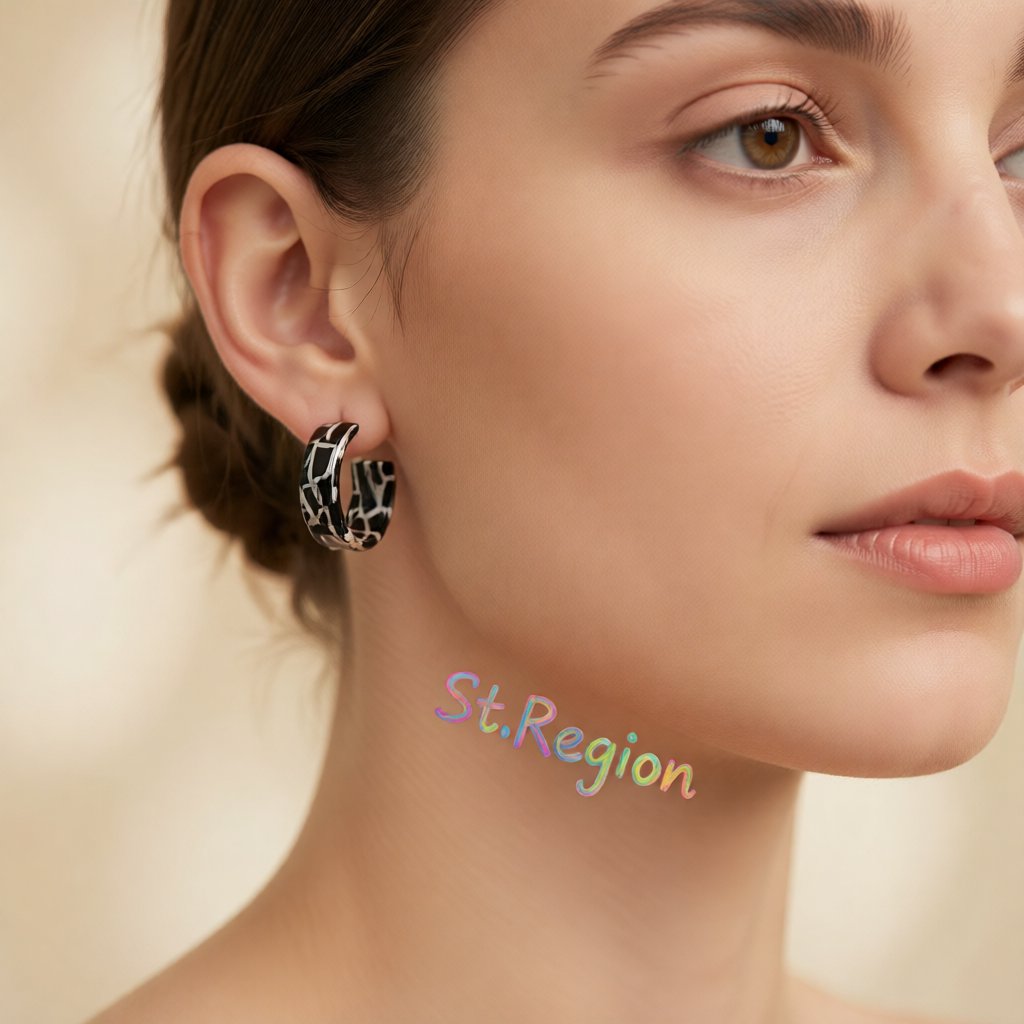 Black Acrylic and Silver-Plated Mosaic Huggie Earring, silver huggie earrings, dainty minimalist design, styled look