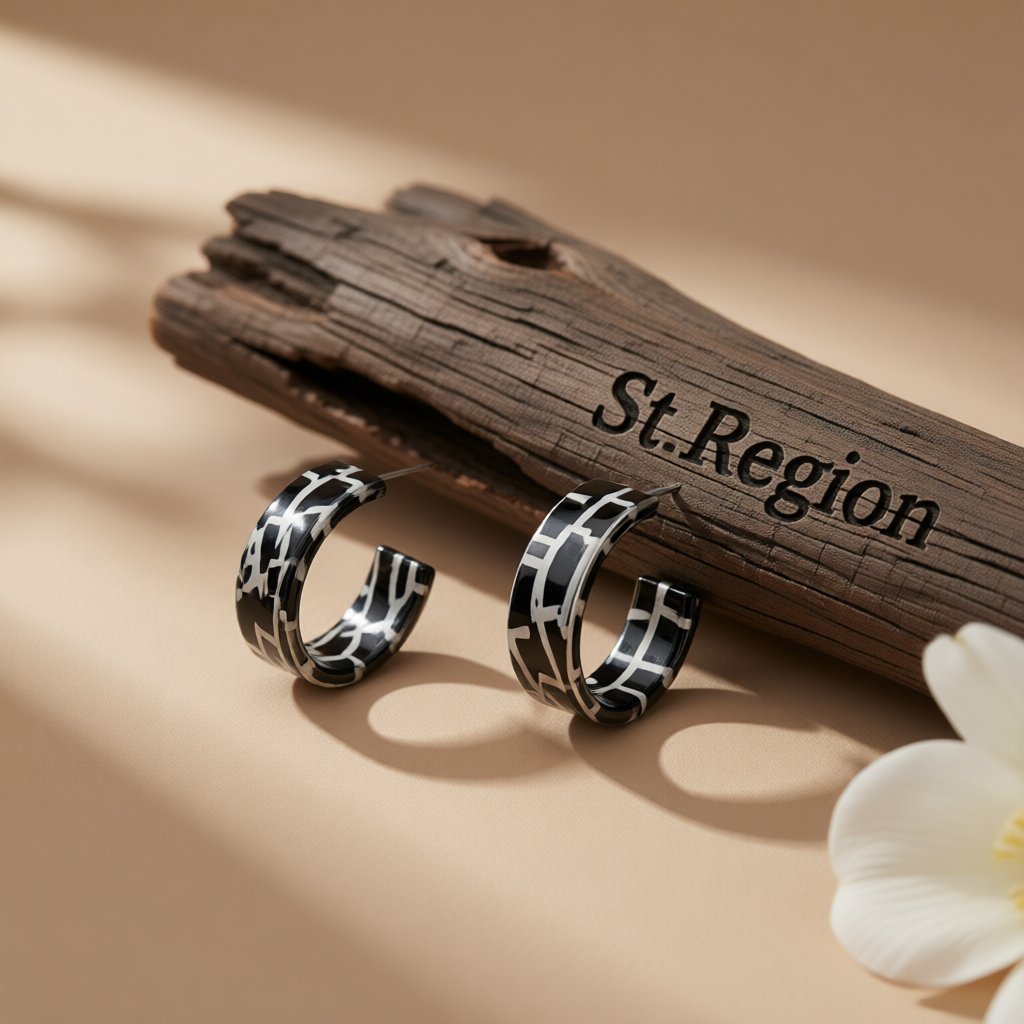 Black Acrylic and Silver-Plated Mosaic Huggie Earring, silver huggie earrings, dainty minimalist design, front view