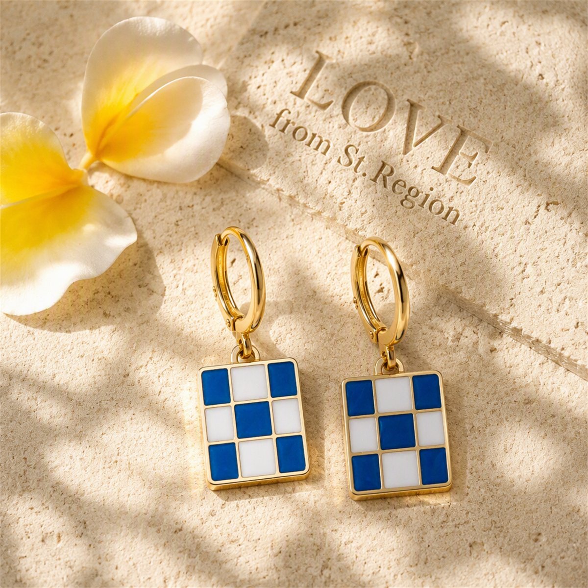 Blue and White Checkerboard Square Drop Huggie Earrings, huggie earrings, elegant gift for her, lifestyle look