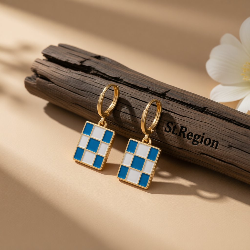 Blue and White Checkerboard Square Drop Huggie Earrings, huggie earrings, elegant gift for her, front view