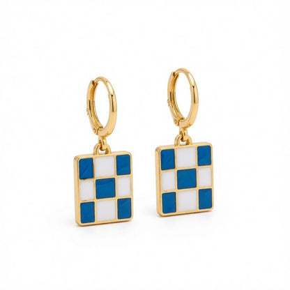 Blue and White Checkerboard Square Drop Huggie Earrings, huggie earrings, elegant gift for her, side view