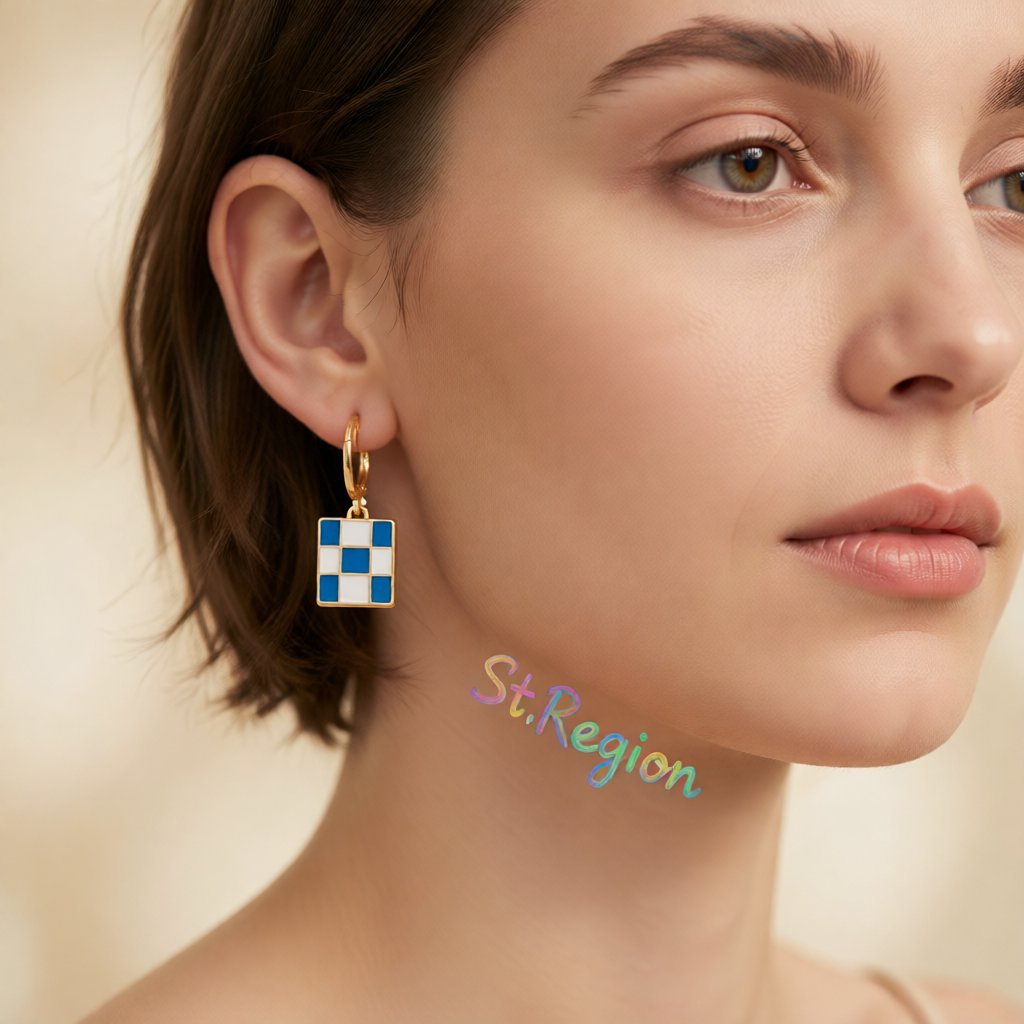 Blue and White Checkerboard Square Drop Huggie Earrings, huggie earrings, elegant gift for her, styled look