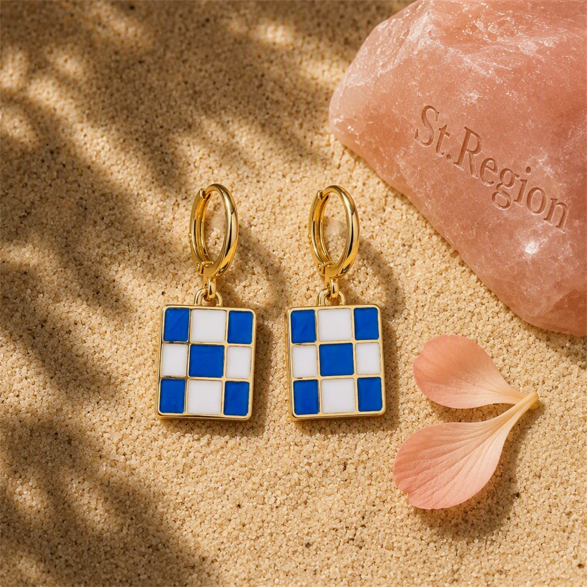Blue and White Checkerboard Square Drop Huggie Earrings, huggie earrings, elegant gift for her, detail close-up