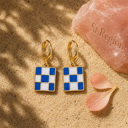 Blue and White Checkerboard Square Drop Huggie Earrings, huggie earrings, elegant gift for her, detail close-up