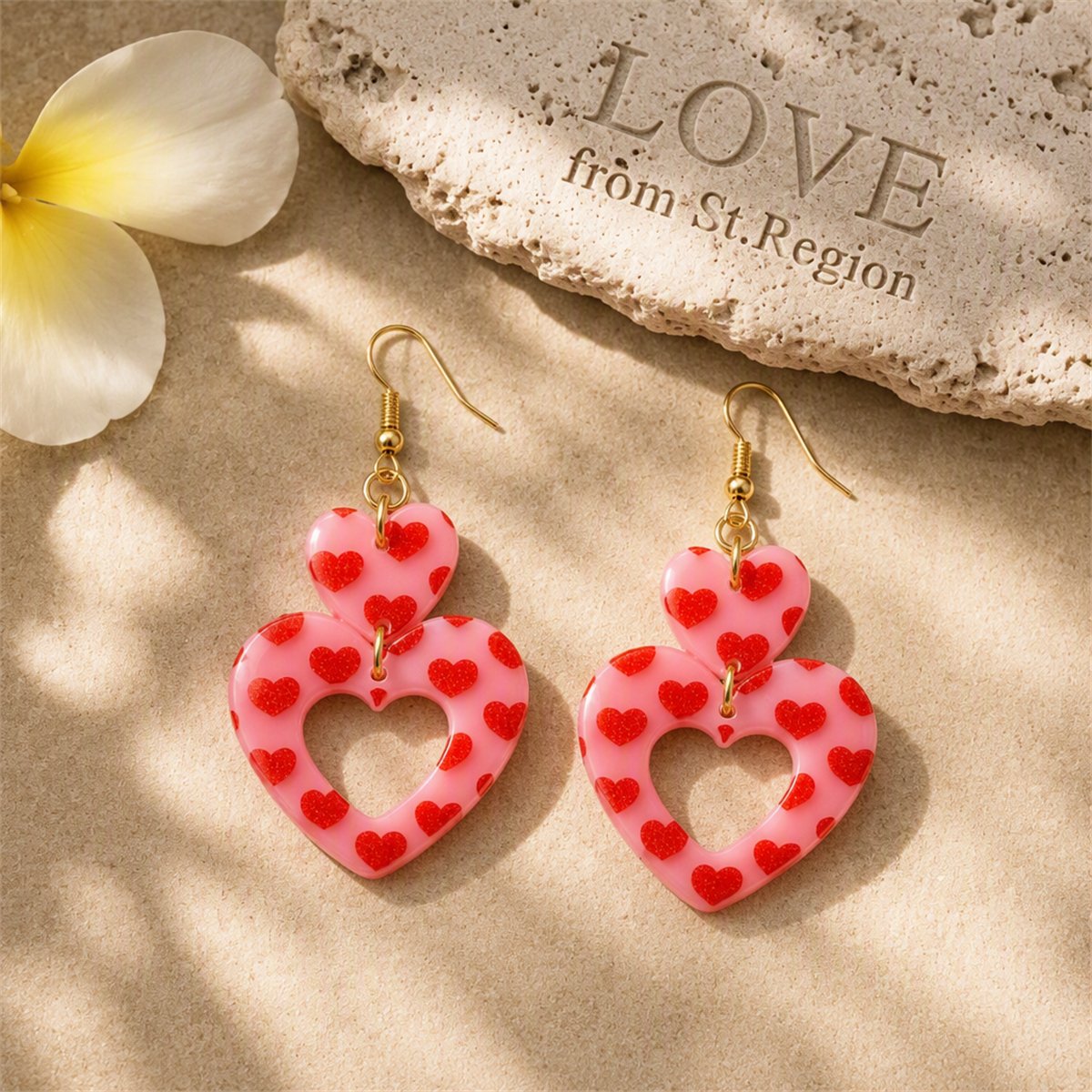 Light Pink Acrylic and 18K Gold-Plated Heart Earrings, gold drop earrings for women, botanical inspired, lifestyle look