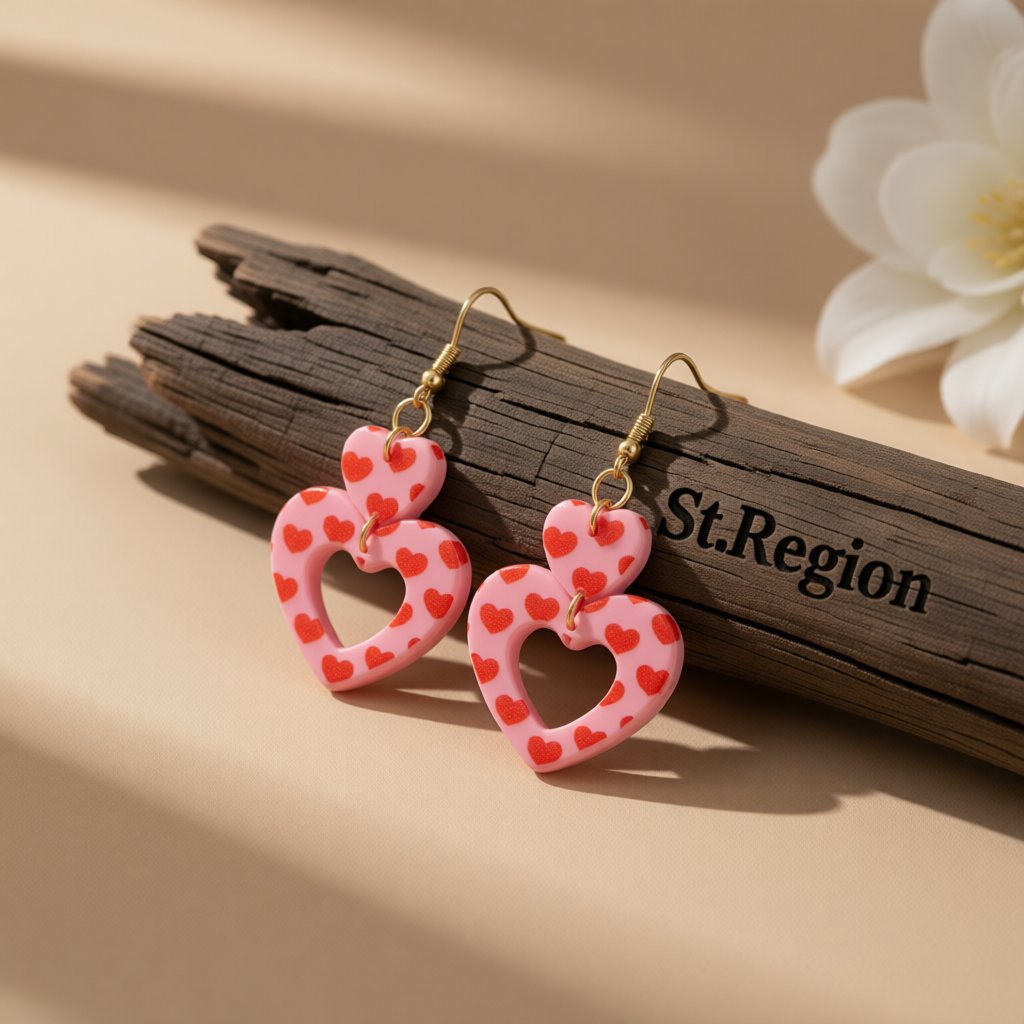 Light Pink Acrylic and 18K Gold-Plated Heart Earrings, gold drop earrings for women, botanical inspired, front view
