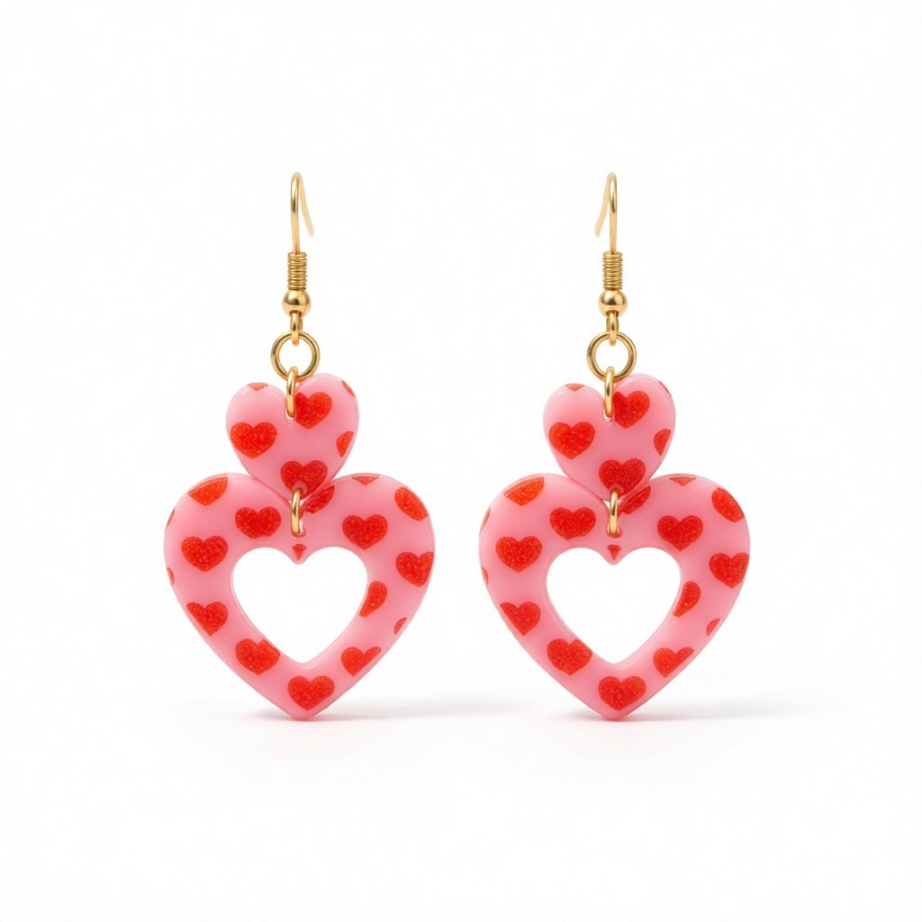 Light Pink Acrylic and 18K Gold-Plated Heart Earrings, gold drop earrings for women, botanical inspired, side view