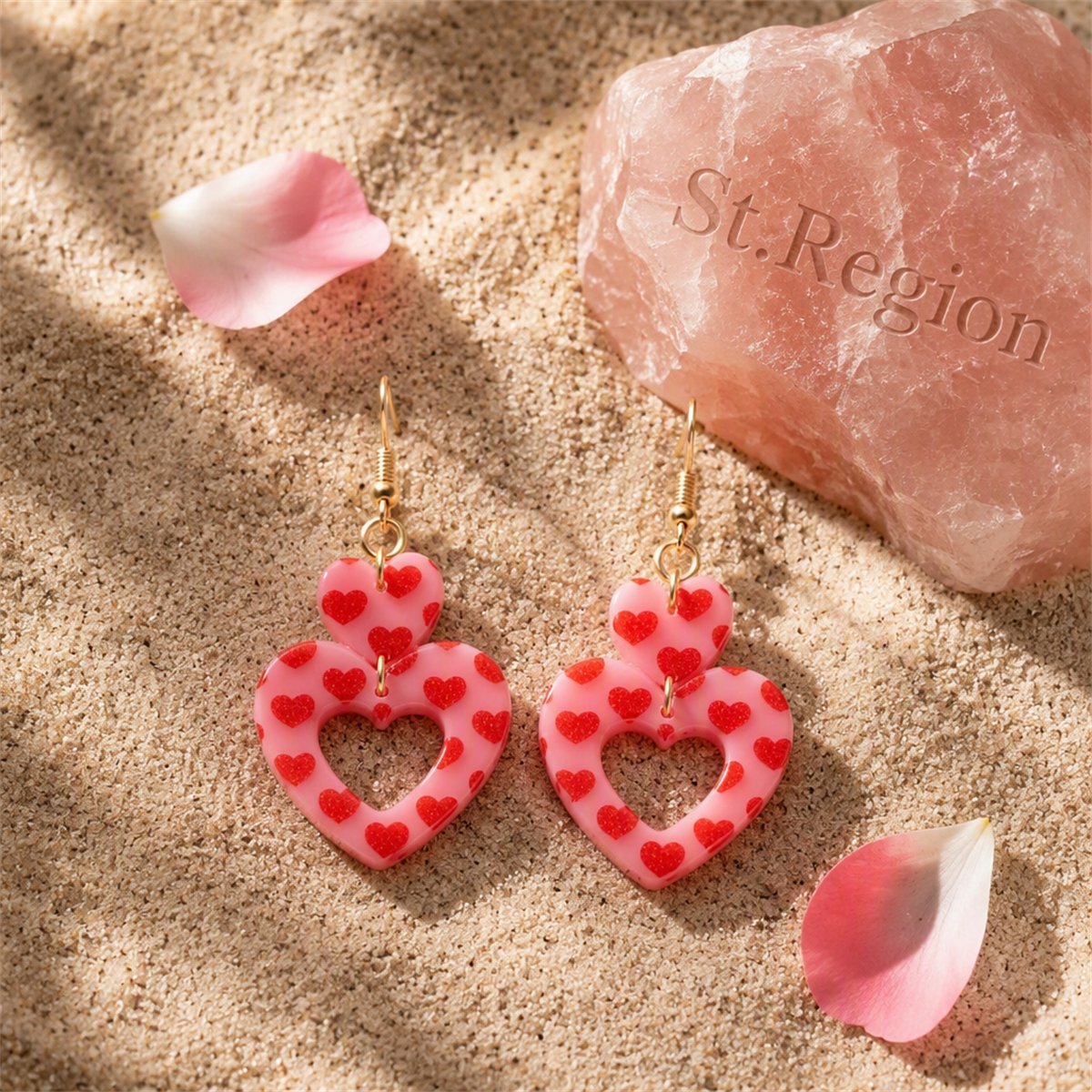 Light Pink Acrylic and 18K Gold-Plated Heart Earrings, gold drop earrings for women, botanical inspired, detail close-up