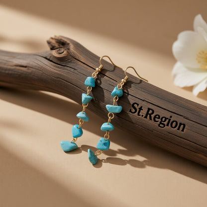 Peacock Blue Turquoise and 18K Gold-Plated Drop Earrings, gold drop earrings for women, vintage-inspired design, front view