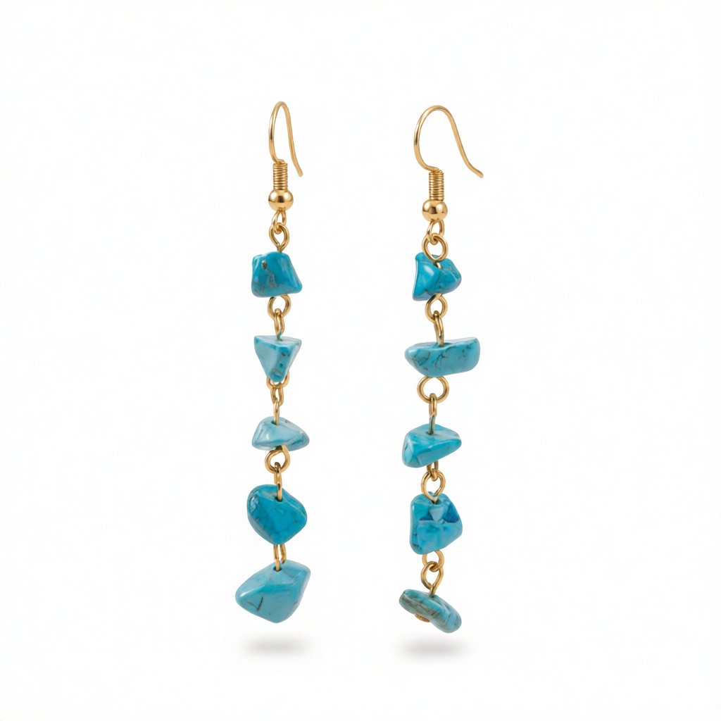 Peacock Blue Turquoise and 18K Gold-Plated Drop Earrings, gold drop earrings for women, vintage-inspired design, side view