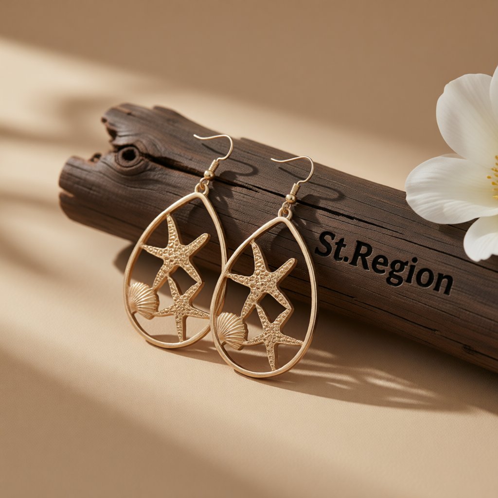 18K Gold-Plated Shell Starfish Drop Earrings, gold drop earrings for women, everyday style, front view