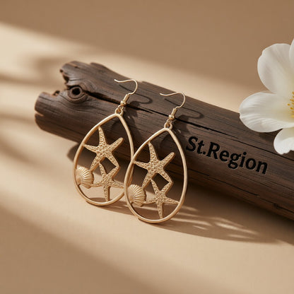 18K Gold-Plated Shell Starfish Drop Earrings, gold drop earrings for women, everyday style, front view