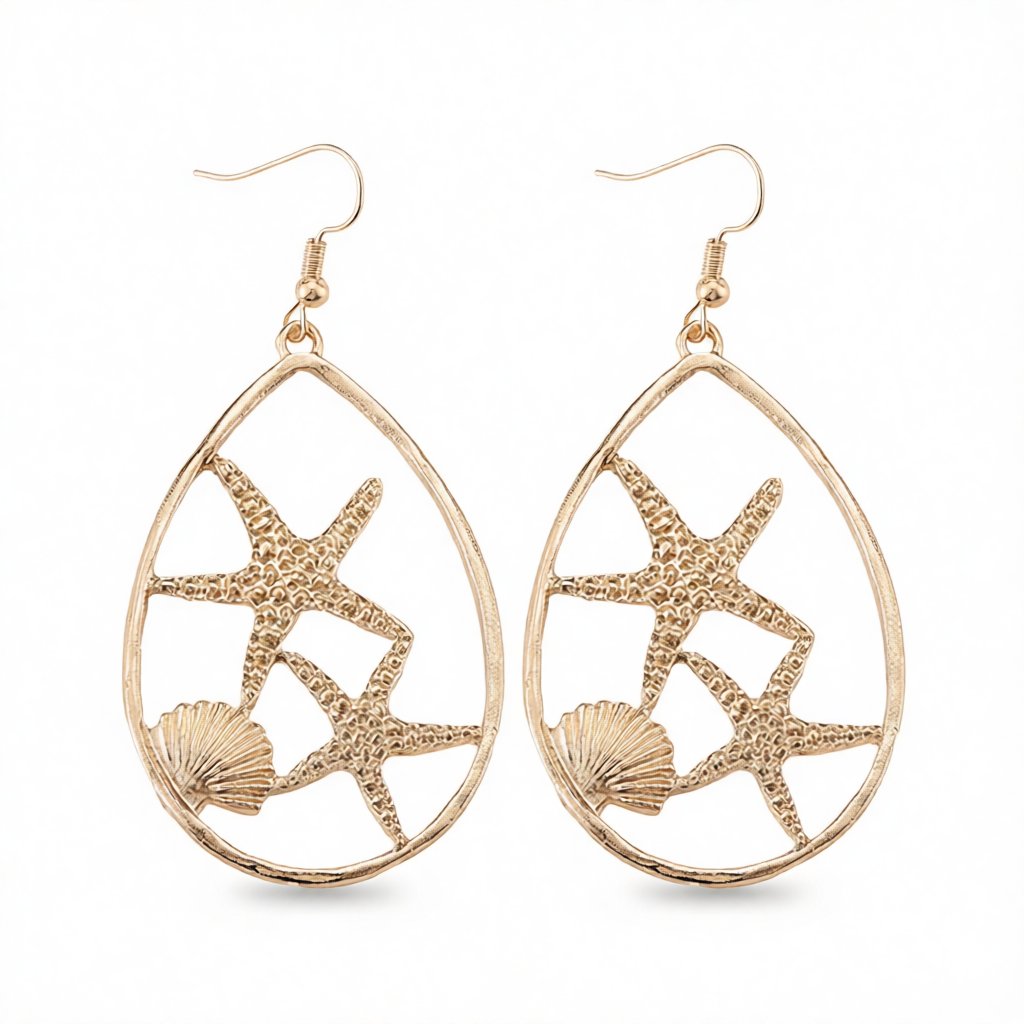 18K Gold-Plated Shell Starfish Drop Earrings, gold drop earrings for women, everyday style, side view