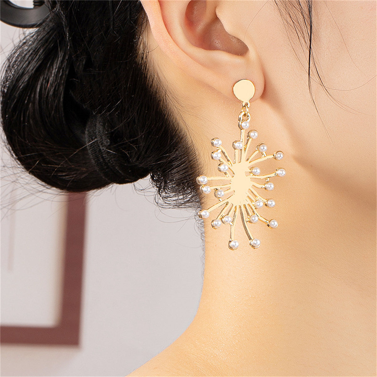 Pearl and 18K Gold-Plated Firework Drop Earrings, gold drop earrings for women, vintage-inspired design, lifestyle look