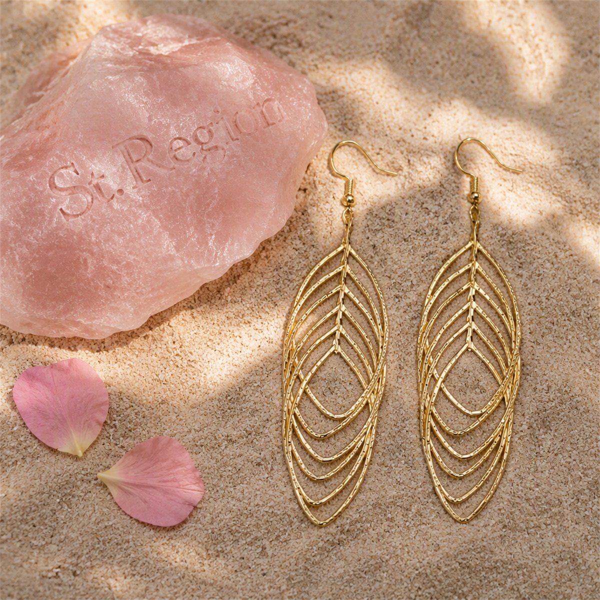 18K Gold-Plated Interlocked Layered Drop Earrings, gold drop earrings for women, botanical inspired, detail close-up