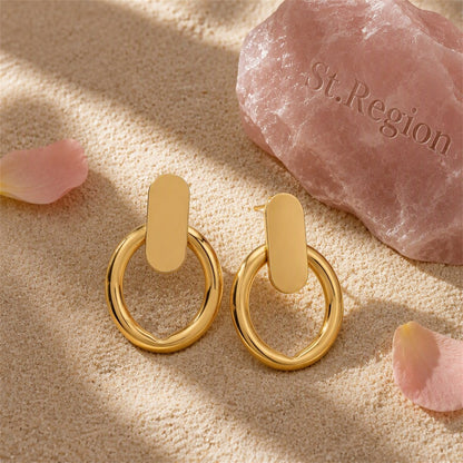 18K Gold-Plated Tube Circle Drop Hoop Earrings, gold drop earrings for women, dainty minimalist design, detail close-up