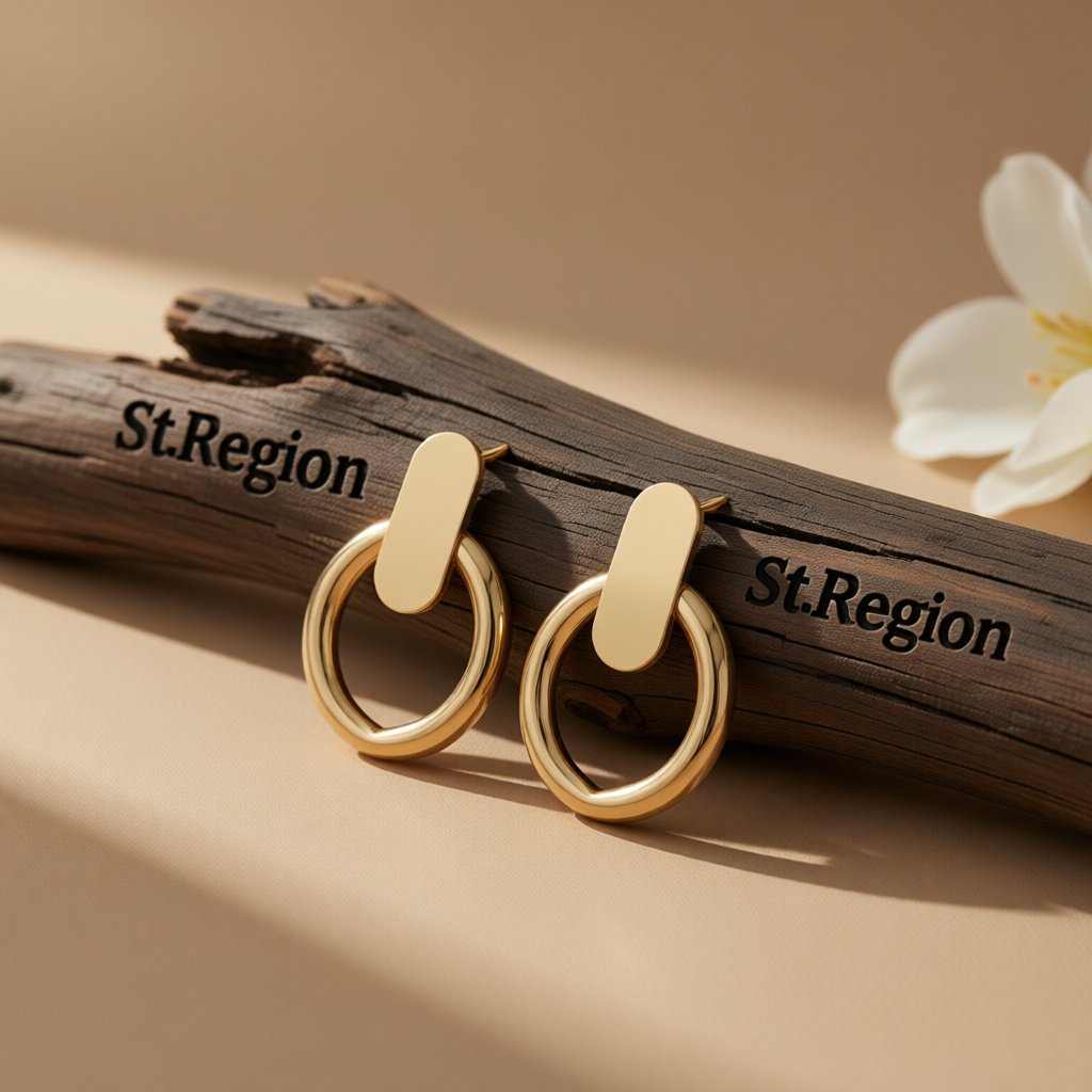 18K Gold-Plated Tube Circle Drop Hoop Earrings, gold drop earrings for women, dainty minimalist design, front view
