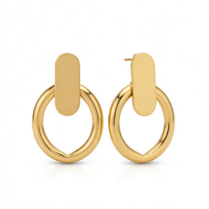 18K Gold-Plated Tube Circle Drop Hoop Earrings, gold drop earrings for women, dainty minimalist design, side view