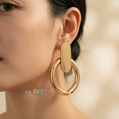 18K Gold-Plated Tube Circle Drop Hoop Earrings, gold drop earrings for women, dainty minimalist design, styled look