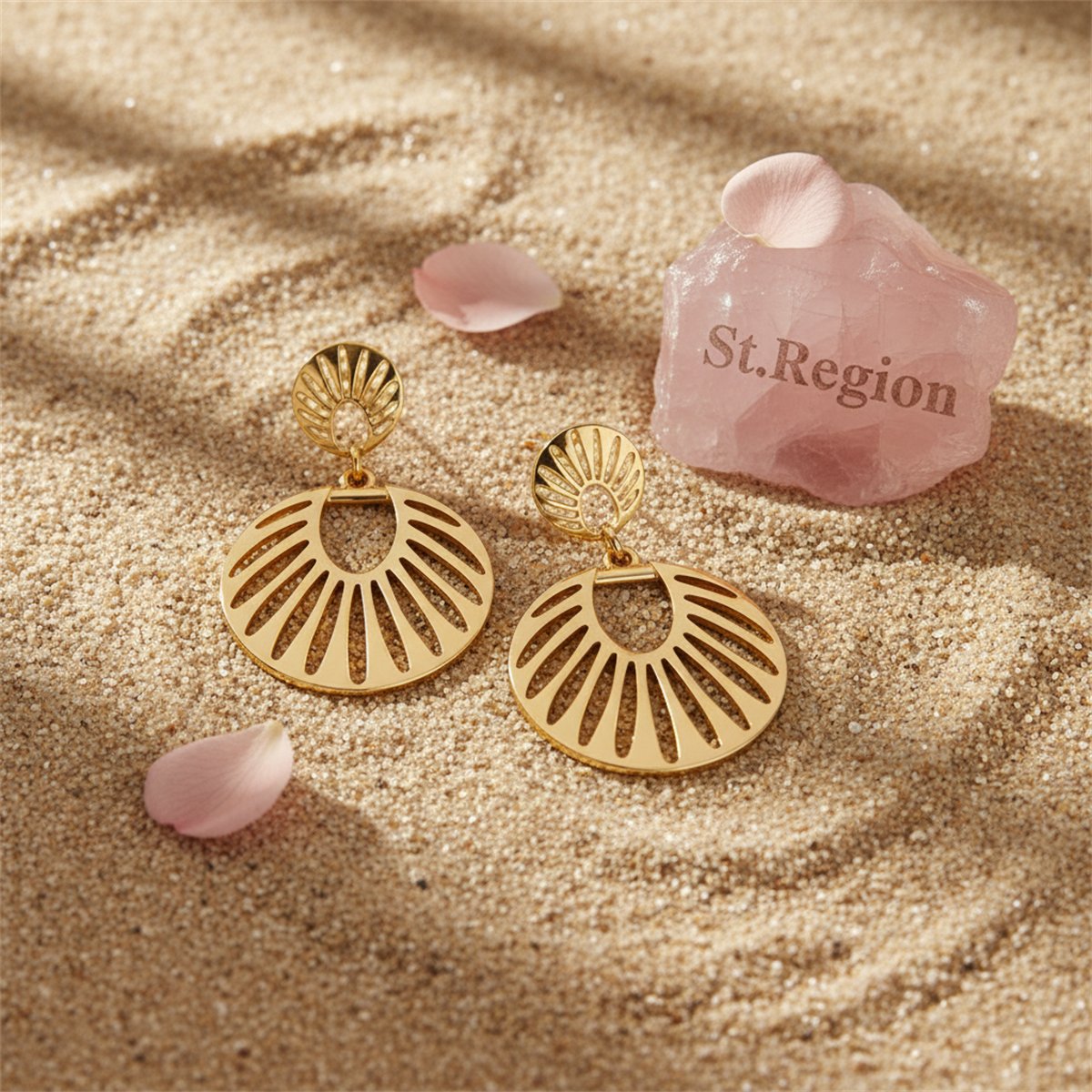 18K Gold-Plated Openwork Fan Drop Earrings, gold drop earrings for women, everyday style, detail close-up