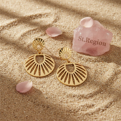 18K Gold-Plated Openwork Fan Drop Earrings, gold drop earrings for women, everyday style, detail close-up