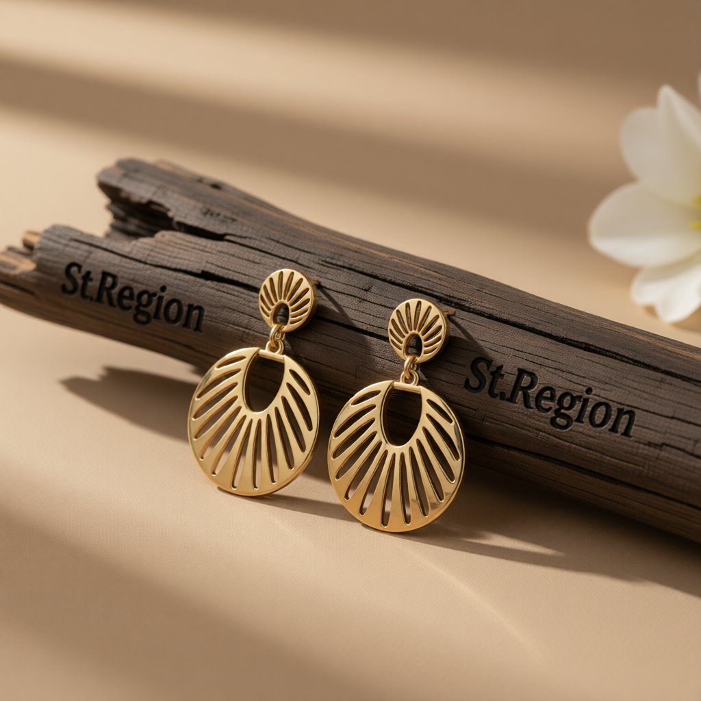 18K Gold-Plated Openwork Fan Drop Earrings, gold drop earrings for women, everyday style, front view